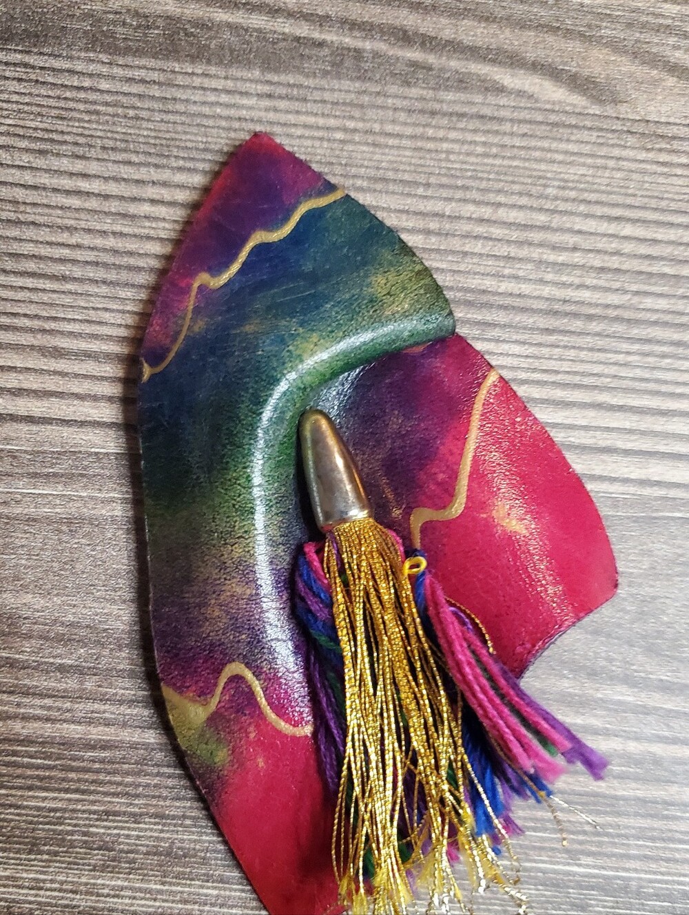 Hand Crafted Multicolor Leather Tassel Brooch with Gold Accents